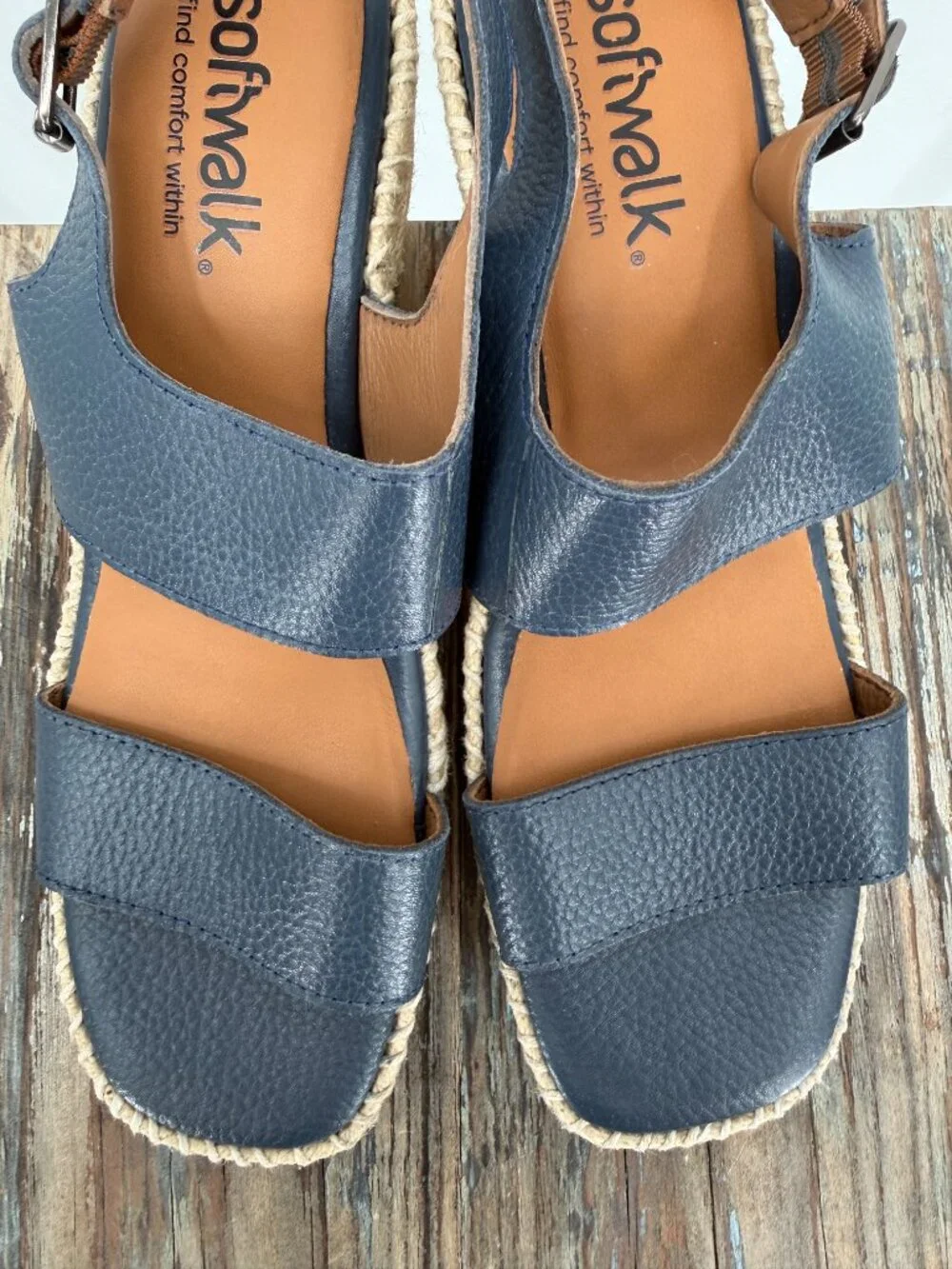 SoftWalk Hartley Navy Leather Espadrille Wedge Sandals Women's Size 9 Narrow